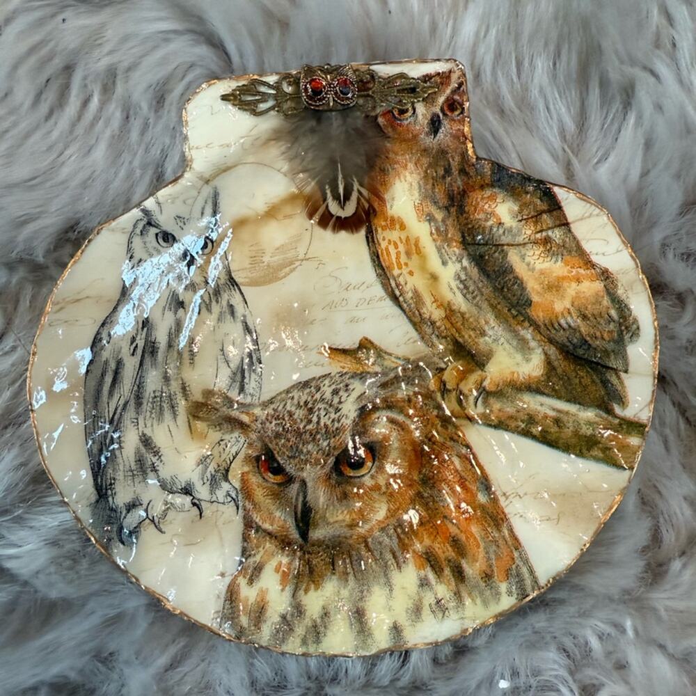 OOAK Owl Ceramic decoupage seashell